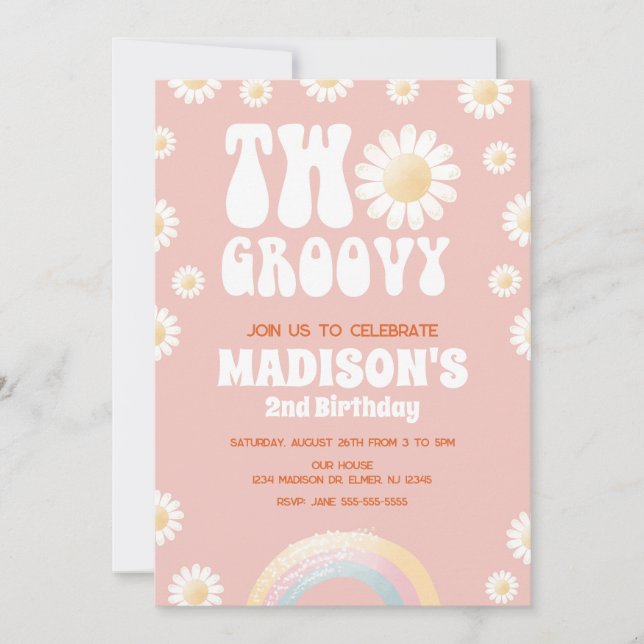 Two Groovy Daisy Rainbow 70s Retro 2nd Birthday Invitation (Front)