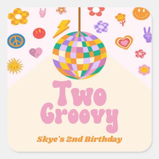 Two Groovy Disco Ball 2nd Birthday Party Favour Square Sticker (Front)