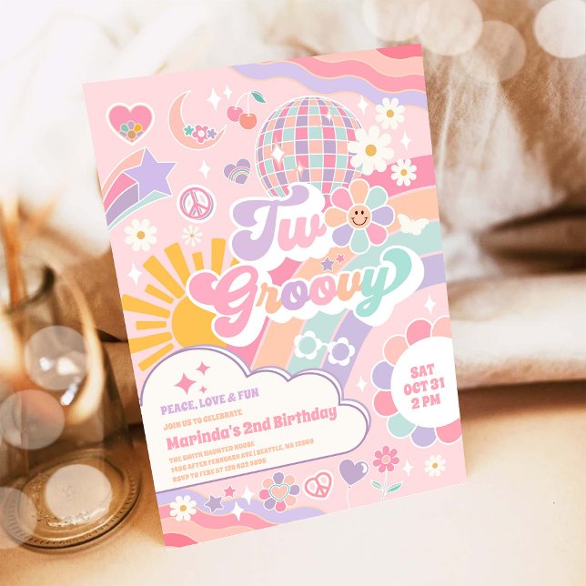 Two Groovy Disco Rainbow Sun 2nd Birthday  Invitation (Creator Uploaded)