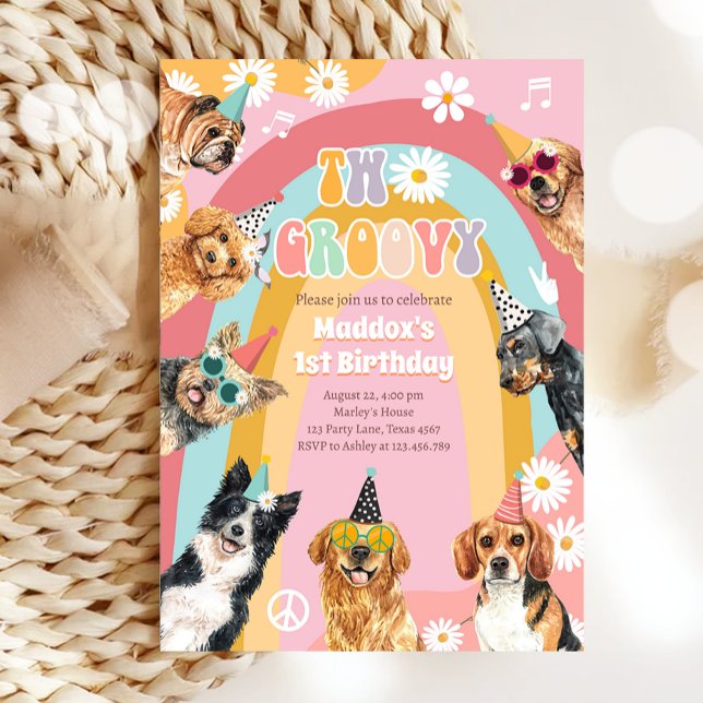 Two Groovy Dog Retro Pawty Girl Birthday Invitation (Creator Uploaded)