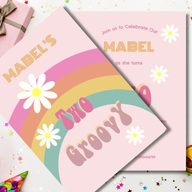 Two Groovy Floral Modern Pink Birthday  Invitation (Creator Uploaded)