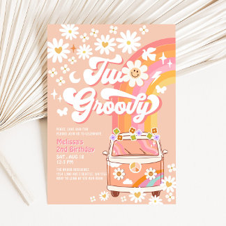 TWO Groovy Girl Pink Peach Van Daisy 2nd Birthday Invitation