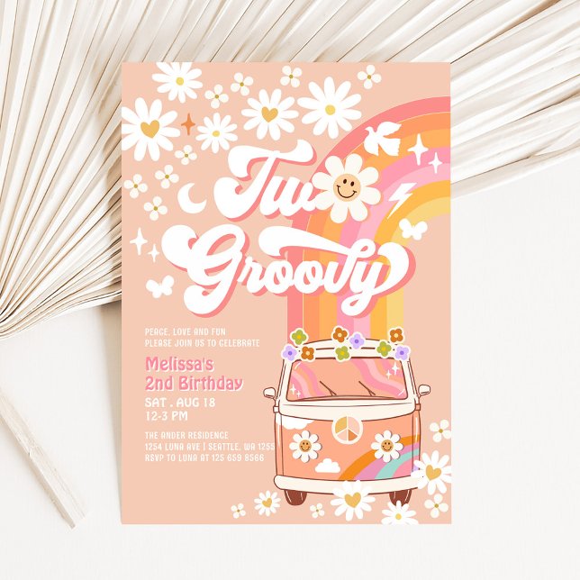 TWO Groovy Girl Pink Peach Van Daisy 2nd Birthday Invitation (Creator Uploaded)