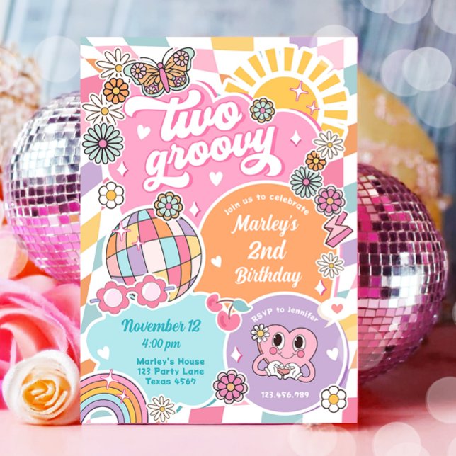 Two Groovy Girl Retro Preppy Varsity Birthday Invitation (Creator Uploaded)