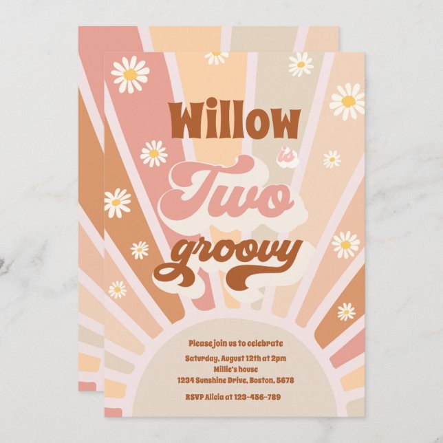 Two Groovy Hippie 2nd Birthday Sunshine Daisy Invitation (Front/Back)