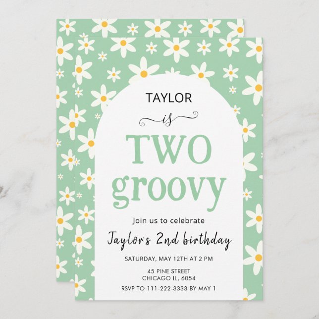 TWO groovy Mint Green Daisy 2nd Birthday Invitation (Front/Back)