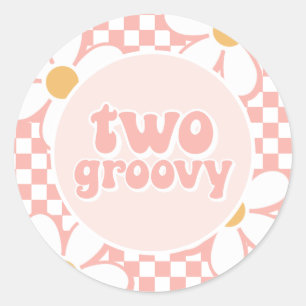 Two Groovy Pink Daisy Chequered Classic Round Sticker