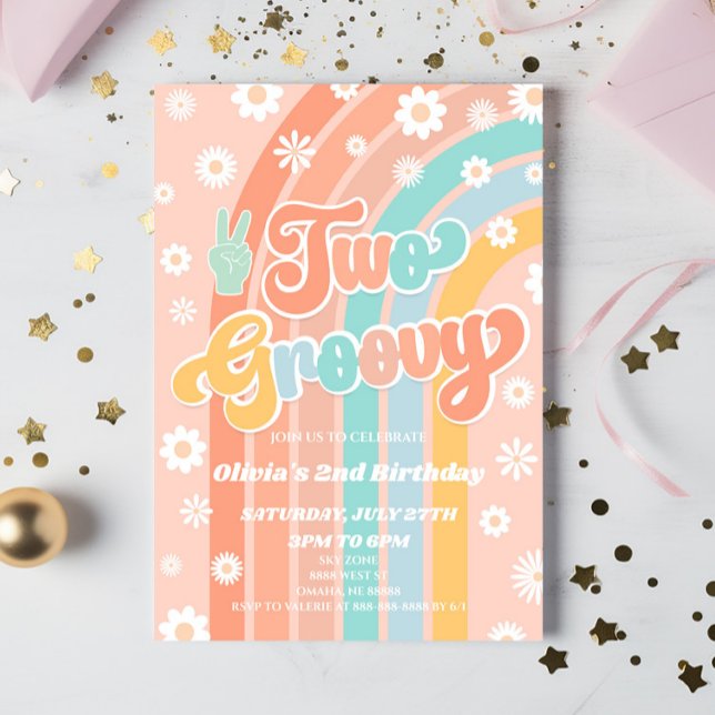 Two Groovy Rainbow Daisy Retro 2nd Birthday Party Invitation (Creator Uploaded)