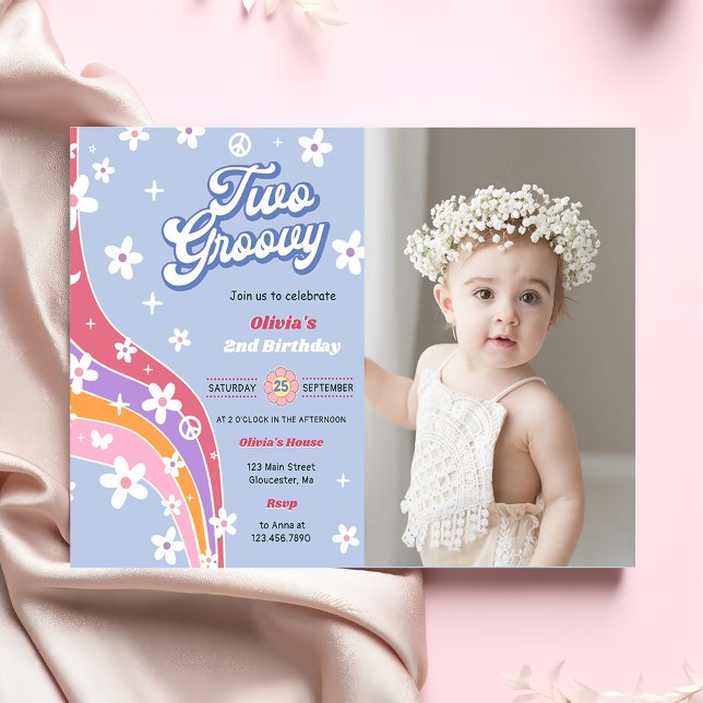Two Groovy Rainbow Floral 2nd Birthday Party Photo Invitation (Creator Uploaded)