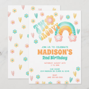 Two Groovy Rainbow Flower 70s Retro 2nd Birthday Invitation