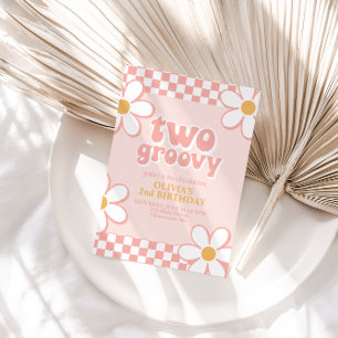 Two Groovy Retro Check Pink Daisy Invitation