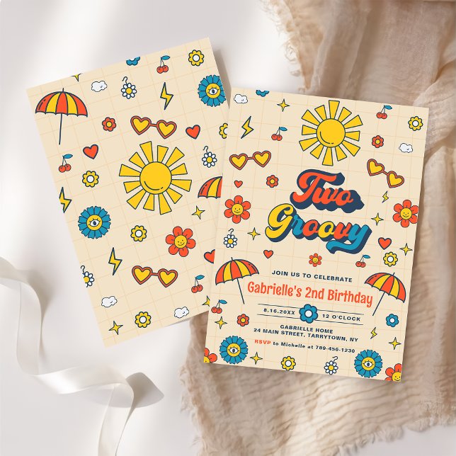 Two Groovy Retro Daisy 2nd Birthday Party  Invitation (Creator Uploaded)