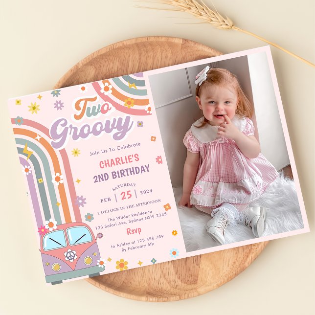 Two Groovy Retro Daisy 2nd Birthday Party Photo  Invitation (Creator Uploaded)