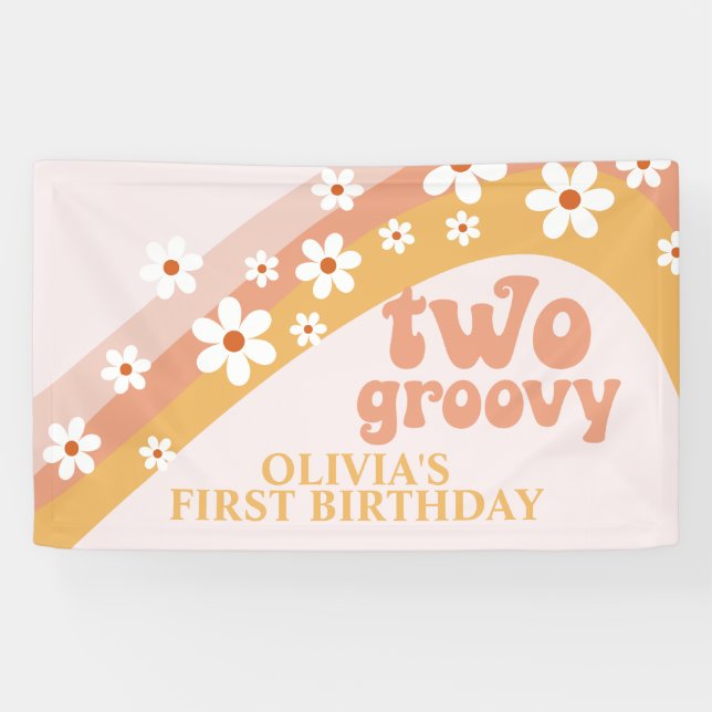  Two Groovy Retro Daisy Birthday Banner (Horizontal)
