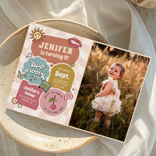 Two Groovy Retro Daisy Girl 2nd Birthday Photo Invitation