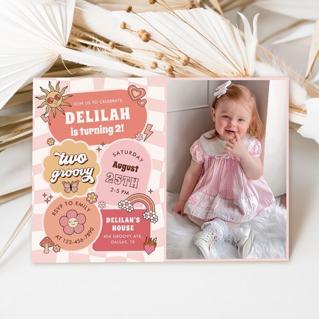 Two Groovy Retro Daisy Girl 2nd Birthday Photo Invitation (Creator Uploaded)