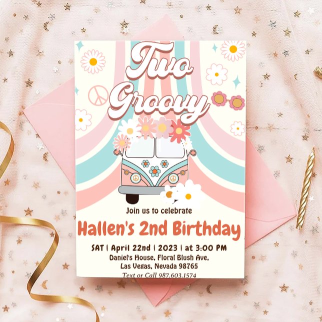Two Groovy Retro Daisy Rainbow 2nd Birthday Invitation (Creator Uploaded)