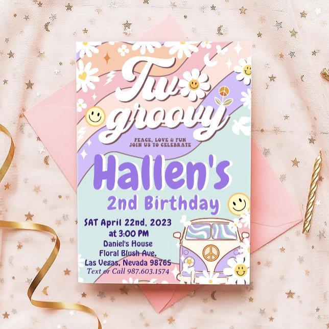 Two Groovy Retro Daisy Rainbow 2nd Birthday Invitation (Creator Uploaded)
