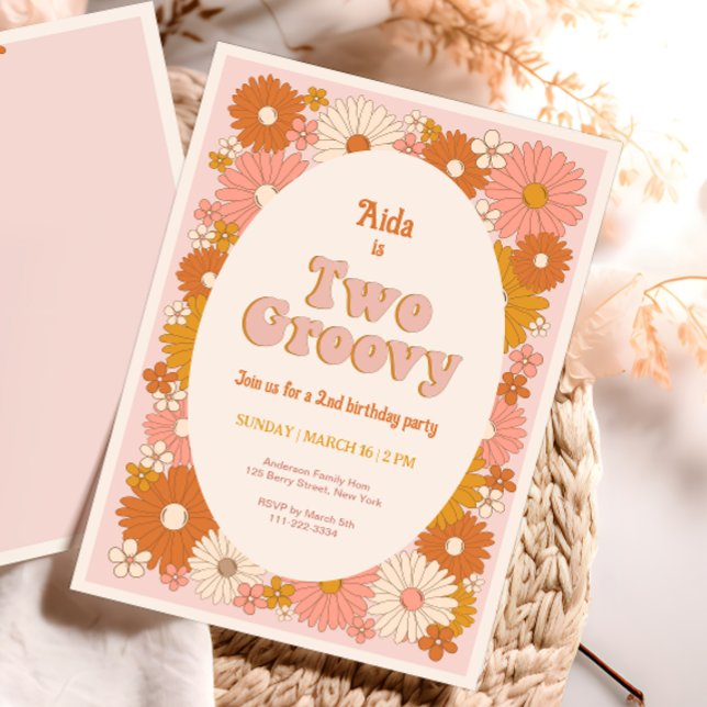 Two Groovy Retro Floral 2nd Birthday Invitation (Creator Uploaded)