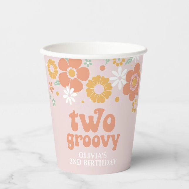 Two Groovy Retro Floral 2nd birthday Paper Cups (Front)