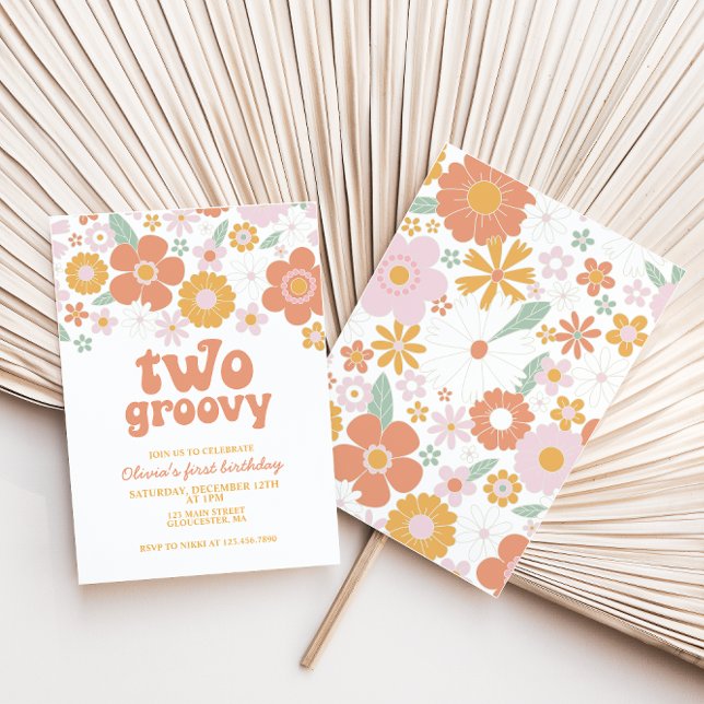 Two Groovy Retro Floral first birthday Invitation (Creator Uploaded)