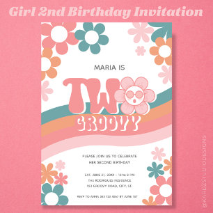 Two Groovy Retro Girl 2nd Birthday invitation
