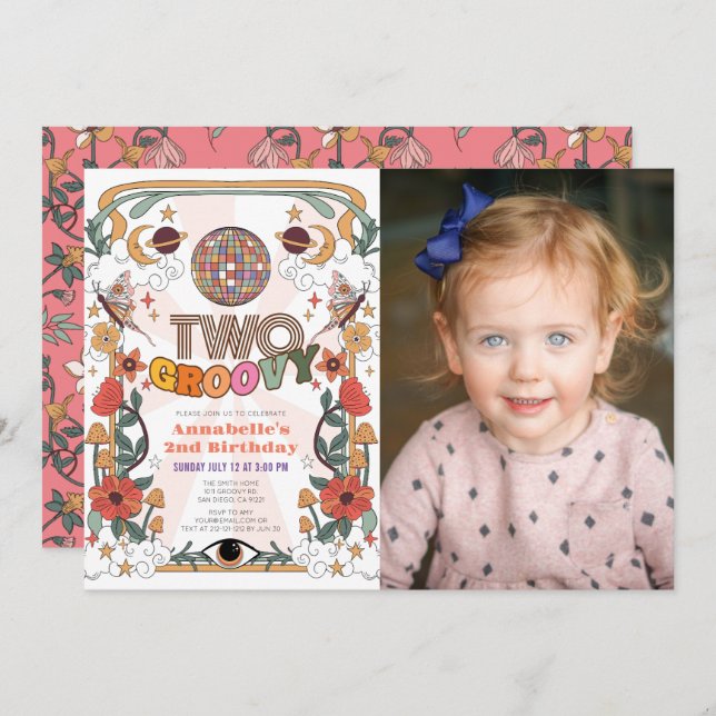 Two Groovy Retro Girl Photo 2nd Birthday Invitation (Front/Back)