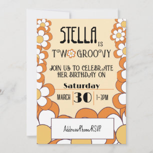 Two Groovy Retro Orange Flower Power 2nd Birthday Invitation