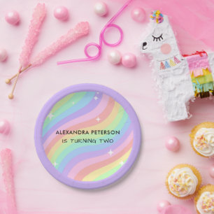 Two Groovy Retro Pastel Rainbow 2nd Birthday Paper Plate