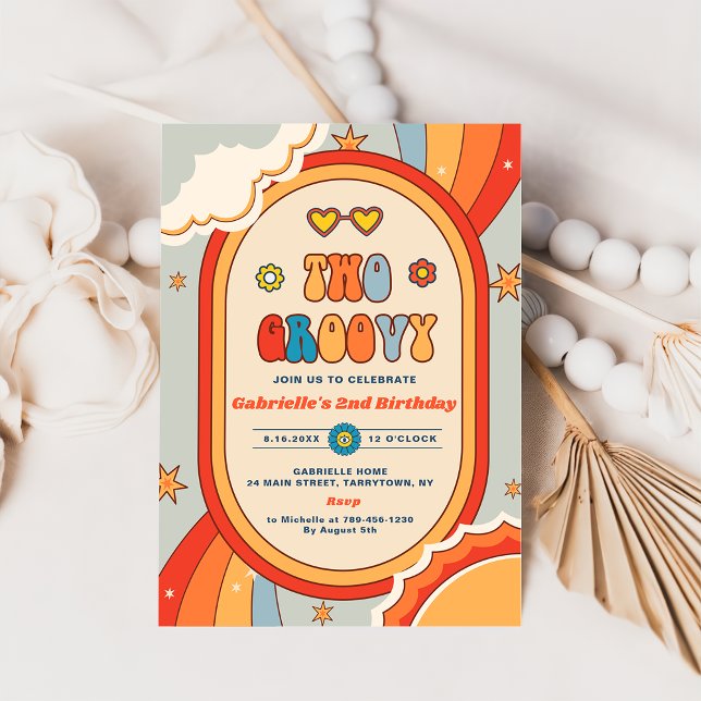 Two Groovy Retro Rainbow 2nd Birthday Party Invitation (Creator Uploaded)