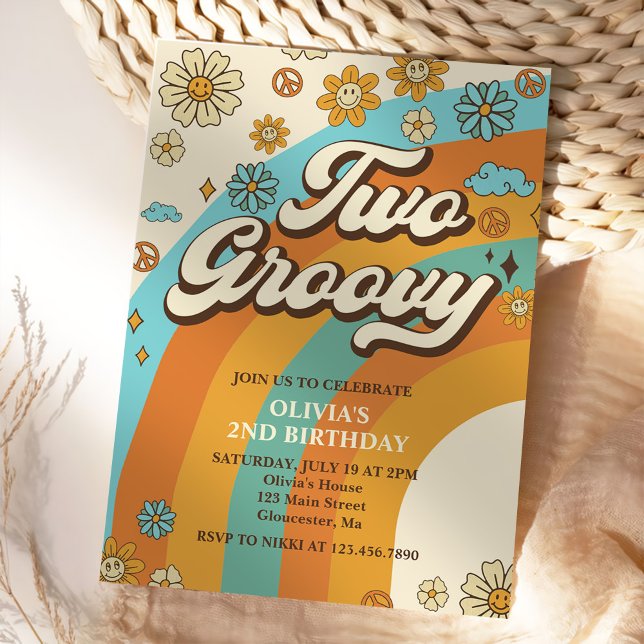 Two Groovy Retro Rainbow 2nd Birthday Party Invitation (Creator Uploaded)