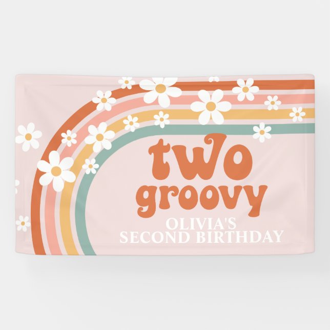 Two Groovy Retro Rainbow Daisy Birthday Banner (Horizontal)