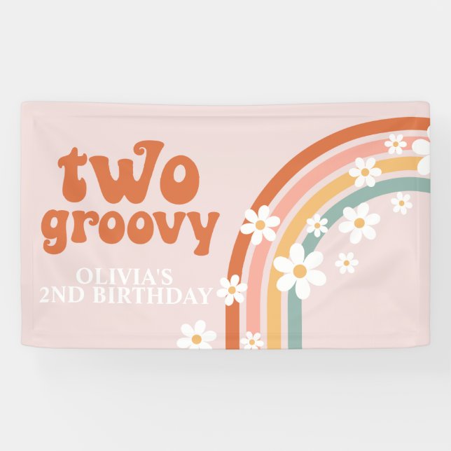 Two Groovy Retro Rainbow Daisy Birthday Banner (Horizontal)