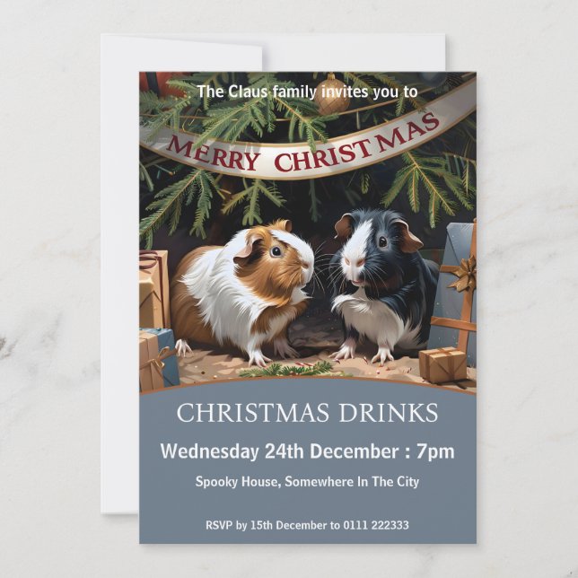 Two Guinea Pigs Beneath A Christmas Tree Event Invitation (Front)