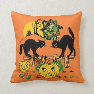 Two Halloween Black Cats and Haunted House Cushion