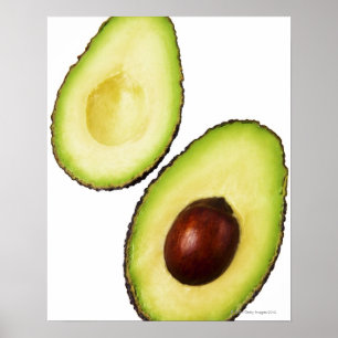 Two halves of an an avocado, on white poster