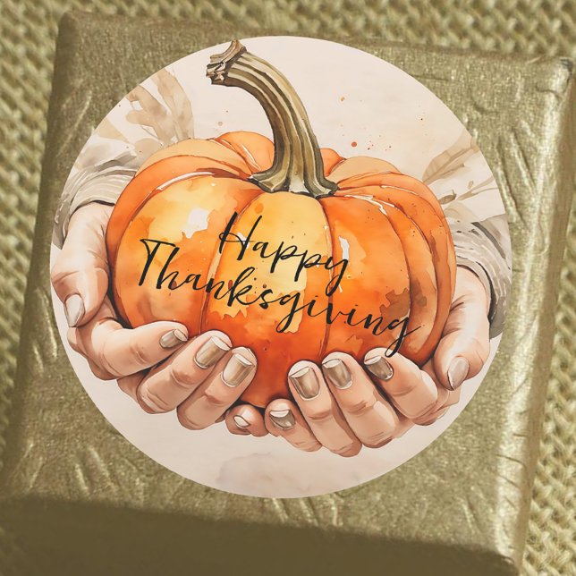 Two Hands Gently Holding a Pumpkin Thanksgiving Classic Round Sticker (Creator Uploaded)
