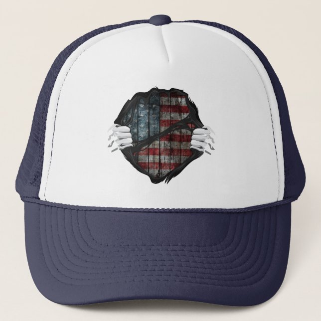 Two Hands Ripping Revealing Flag Customised Trucker Hat (Front)
