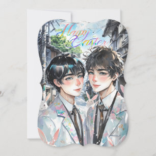 Two Handsome Men with Bunnies Anime Easter Card