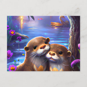 Two Happy Baby Otters Hugging in Glowing Blue Wate Postcard