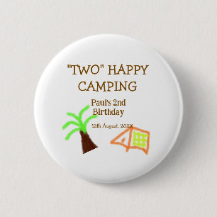Two happy camping 2nd birthday tree camp kids 6 cm round badge