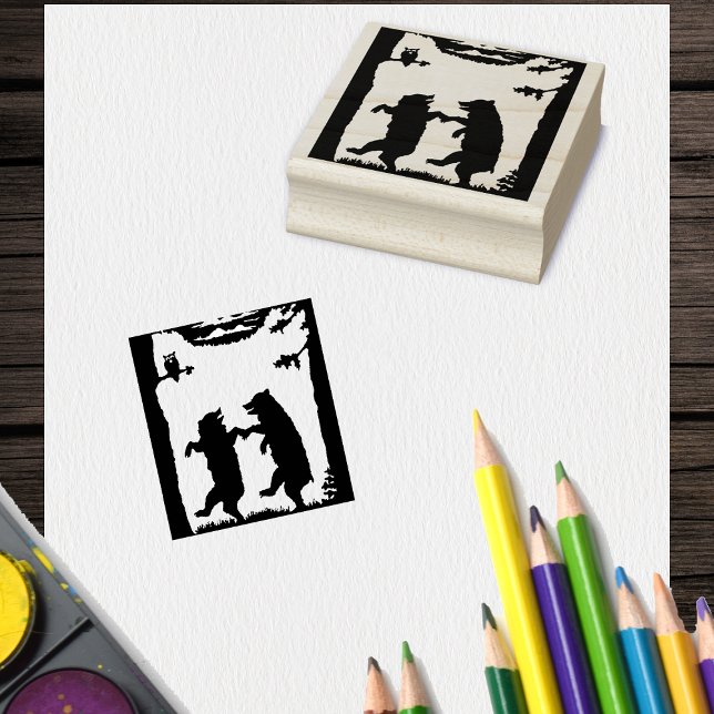 Two Happy Dancing Bears Under Trees Grass Owl Rubber Stamp (Silhouette of two dancing bears trees owl clouds and grass on craft ink stamp.)