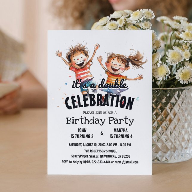 Two Happy Kids Double Birthday Party Invitation (Creator Uploaded)