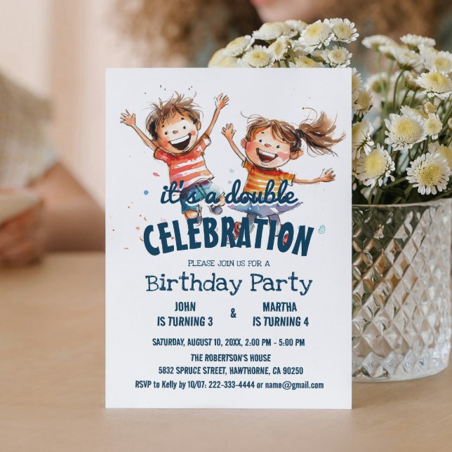 Two Happy Kids Double Birthday Party Invitation (Creator Uploaded)