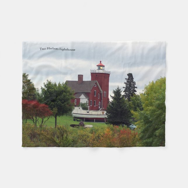 Two Harbour Lighthouse & Boat fleece blanket (Front (Horizontal))