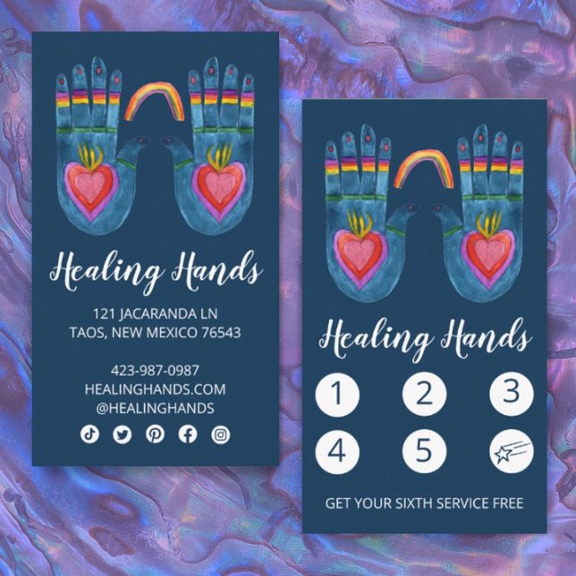 Two Healing Hands Rainbow Watercolor Social Icons Loyalty Card (Creator Uploaded)