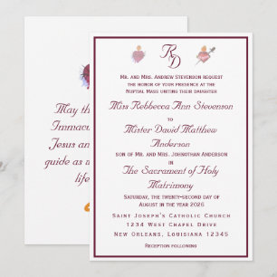 Two Hearts Burgundy Catholic Wedding Invitation