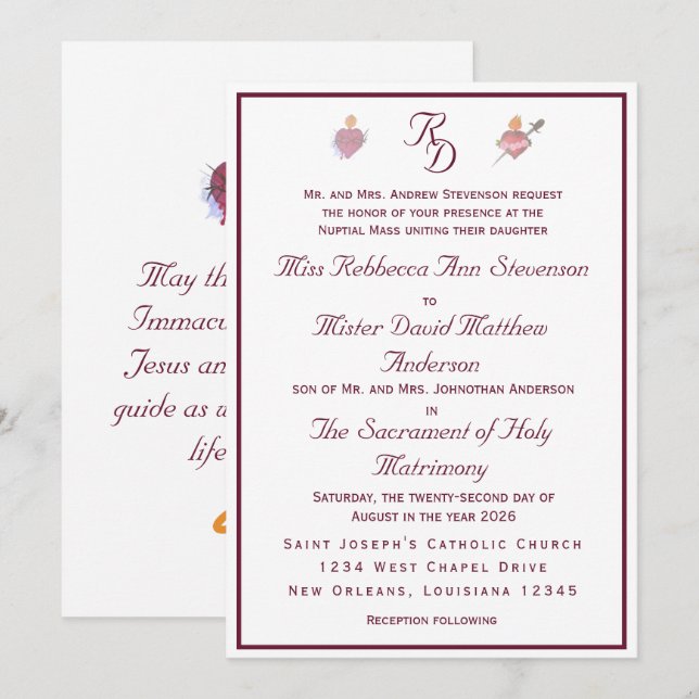 Two Hearts Burgundy Catholic Wedding Invitation (Front/Back)