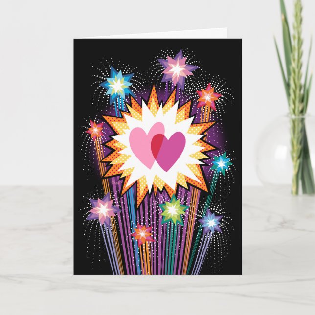 Two Hearts Colourful Fireworks Valentine Holiday Card (Front)