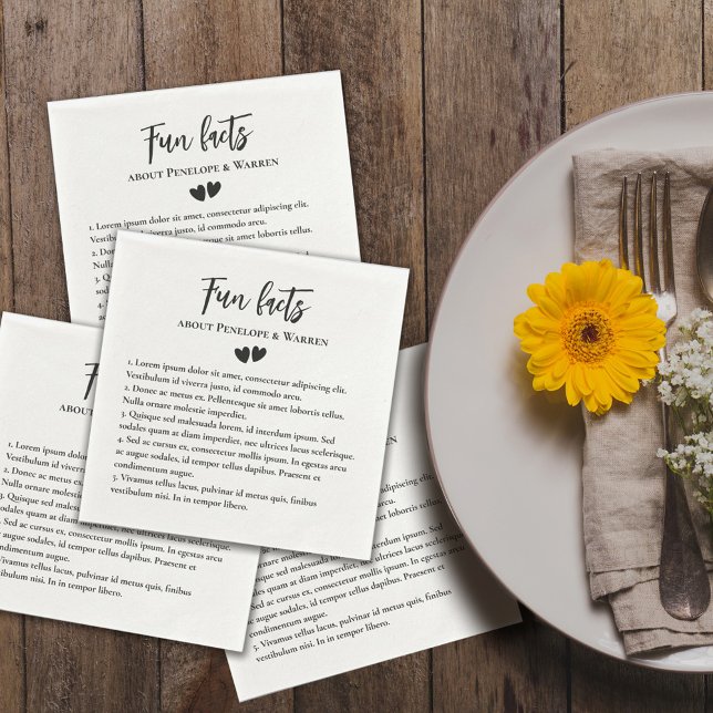 Two Hearts Cute Romantic Fun Facts Wedding  Napkin (Creator Uploaded)